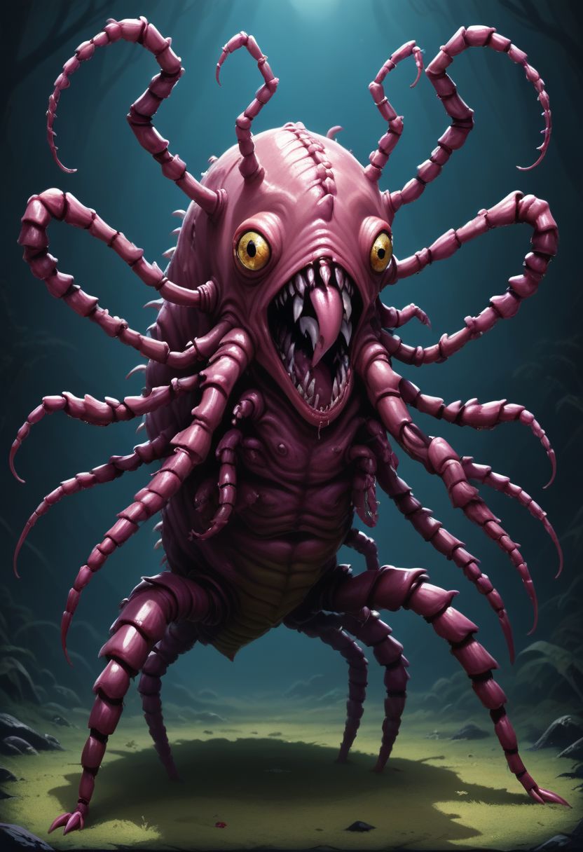 Score_9, score_8_up, score_7_up, fleshtones, (body horror:1.1), twisted and mangled body, sewn together, reanimated, fleshmutant centipede, segmented body, preying, stalking, dimly lit flash photography in the dark, swarms of insects, concept art, realistic, dark theme, low light, h3ll1sh