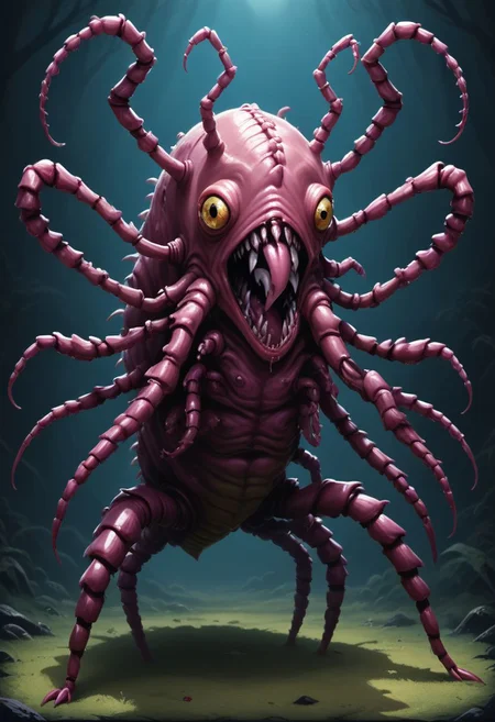 Score_9, score_8_up, score_7_up, fleshtones, (body horror:1.1), twisted and mangled body, sewn together, reanimated, fleshmutant centipede, segmented body, preying, stalking, dimly lit flash photography in the dark, swarms of insects, concept art, realistic, dark theme, low light, h3ll1sh