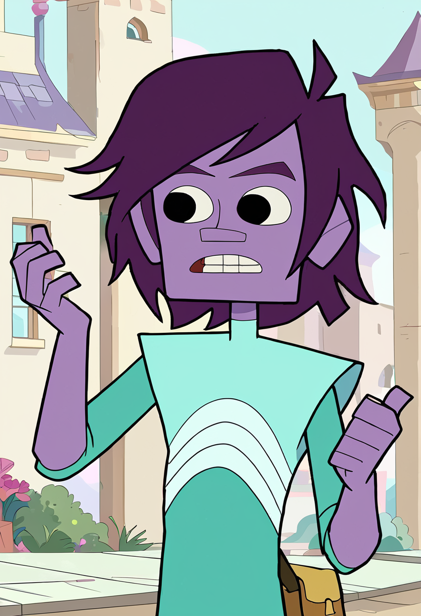 <lora:TwelveForever_Todd_Pony:0.9>, todd \(endless\), purple skin, hands up, teeth, todd, twelve forever, 1boy, solo, short hair, black eyes, mosque, masterpiece, best quality, score_9, score_8_up, score_7_up
