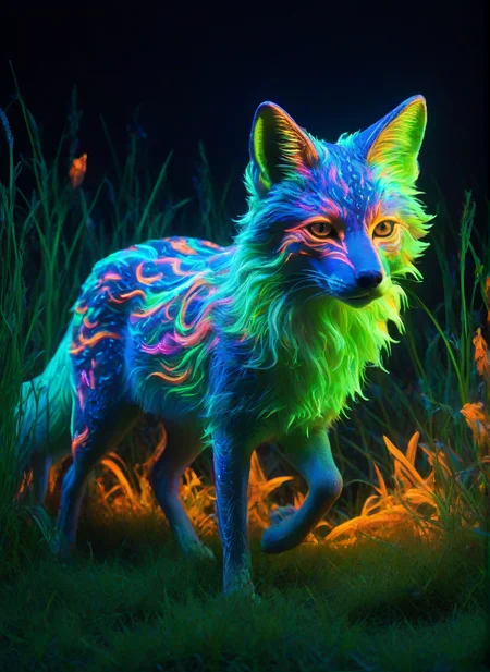 <lora:PE_NeonUV Style:0.8> PENeonUV, blacklight, neon,
beautiful mystical ghost fox, galloping through a lush grass field, glowing,
illuminated by volumetric light,
masterpiece, high resolution, octance 4k, high detail,