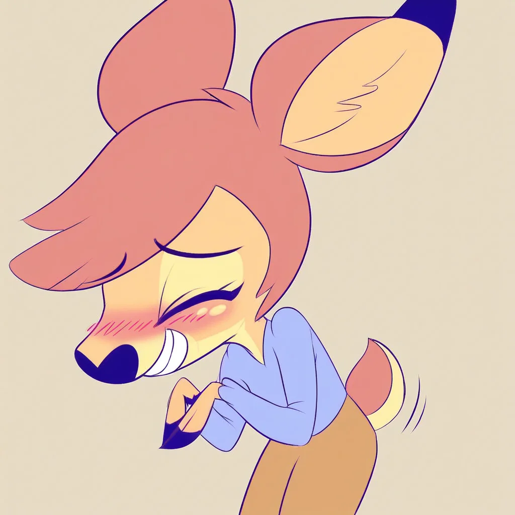 deerie from helluva boss, source cartoon, anthropomorphic fawn, furry female,1girl, brown hair, light brown fur with lemon accents, tail,
dark blue overalls over a brighter colored, long-sleeved shirt with a pink bow hanging from the collar,
simple background, smile, teeth, blush, closed eyes