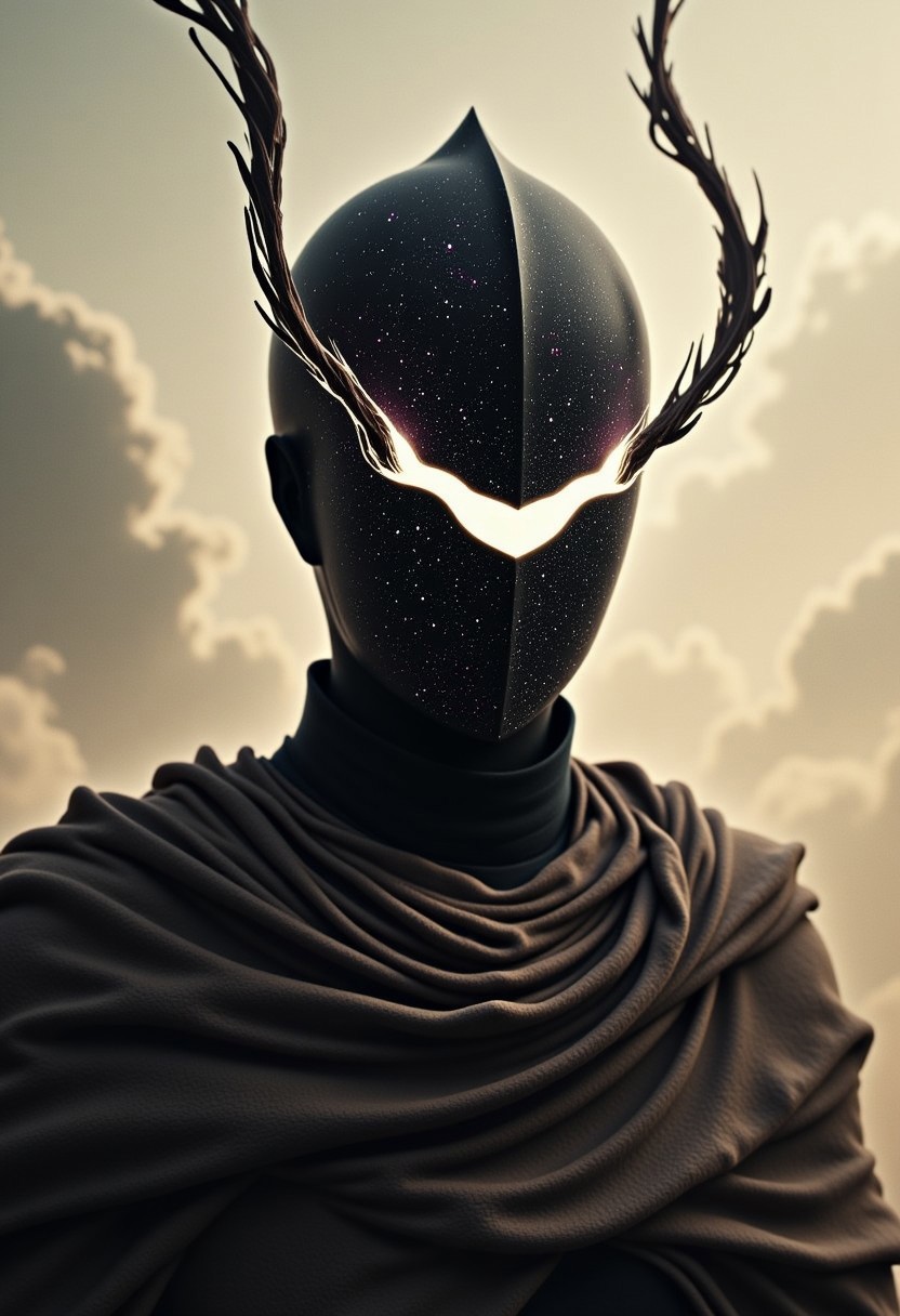 M100-style, Closeup Portrait of a knight with No Face and eye-trails, billowing Cape, very detailed analog photo, glowing White eyes, Atmospheric lighting, beige and black colored, billowing White  purple sprinkled Galaxy Aura, Upper Body Action Shot, Misty clear weather, Clouds,