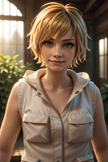 1girl, depth of field, highly detailed, high contrast ,  god rays, volumetric lighting,solo, <lora:Heather_mason_lora:0.8> heather_mason, blonde hair, short hair, freckles,vest, smirk,  <lora:fluffkevlar_style_ponyXL_v1:1>, PonyXLV6_Scores, zPDXL3, <lora:Hyper-SDXL-8steps-lora:1>