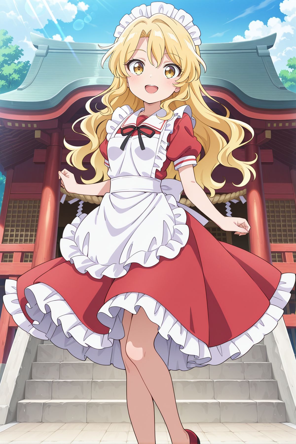 absurdres, highres, masterpiece, best quality, amazing quality, official anime artwork, screencap, anime screencap, outdoors, dynamic pose, open mouth, smile, from the side, shrine, 
<lora:Yumeko_Illustrious:1> yumeko, 1girl, solo, yellow eyes, blonde hair, long hair, wavy hair, small breasts,, maid headdress, neck ribbon, black ribbon, red dress, puffy short sleeves, maid apron, white apron, red shoes,