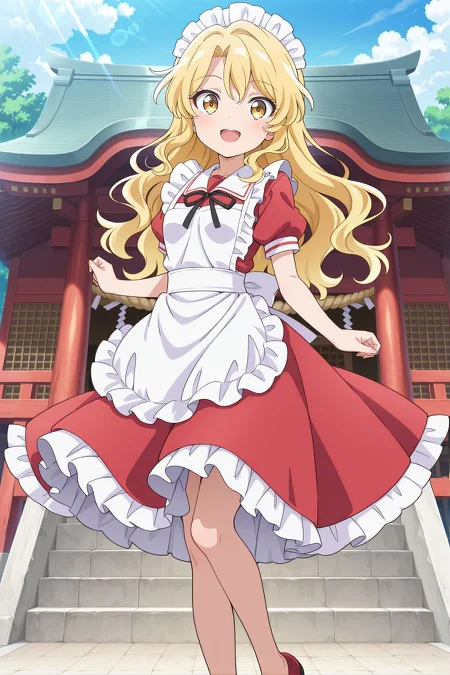 absurdres, highres, masterpiece, best quality, amazing quality, official anime artwork, screencap, anime screencap, outdoors, dynamic pose, open mouth, smile, from the side, shrine,
<lora:Yumeko_Illustrious:1> yumeko, 1girl, solo, yellow eyes, blonde hair, long hair, wavy hair, small breasts,, maid headdress, neck ribbon, black ribbon, red dress, puffy short sleeves, maid apron, white apron, red shoes,