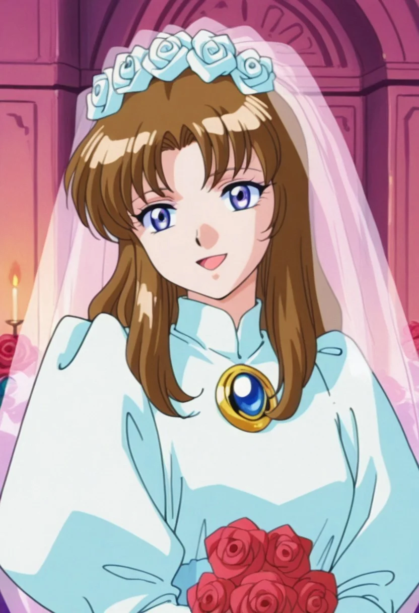 masterpiece,best quality,amazing quality,yakumo tatsuro, long hair, brown hair, blue eyes, 1girl, solo, veil, flower, dress, brooch, retro artstyle, open mouth, smile, jewelry, 1990s (style), rose, bridal veil