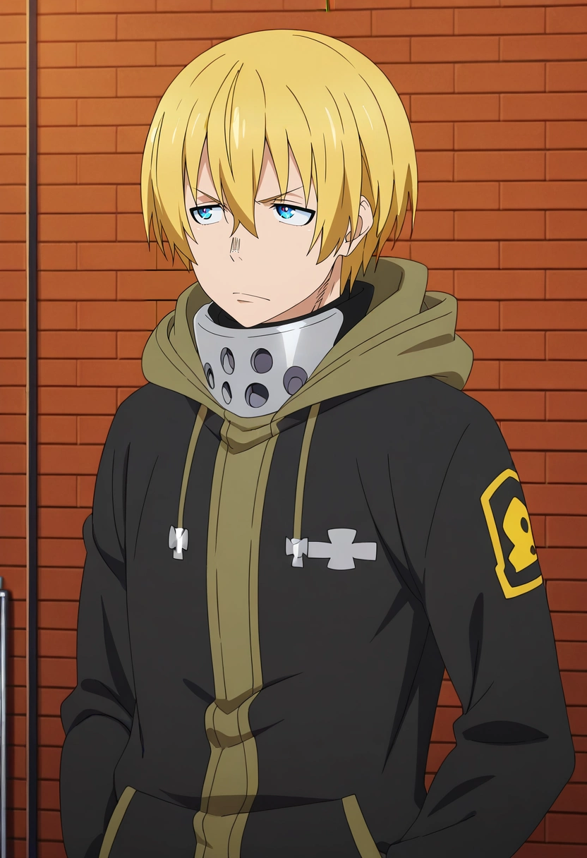 masterpiece, best quality, intricate details, anime screencap, , ,, 1boy, solo, male focus, <lora:arthur_boyle_ilxl:0.92>, arthur_boyle, blonde hair, blue eyes, short hair, hair between eyes, hood, ,