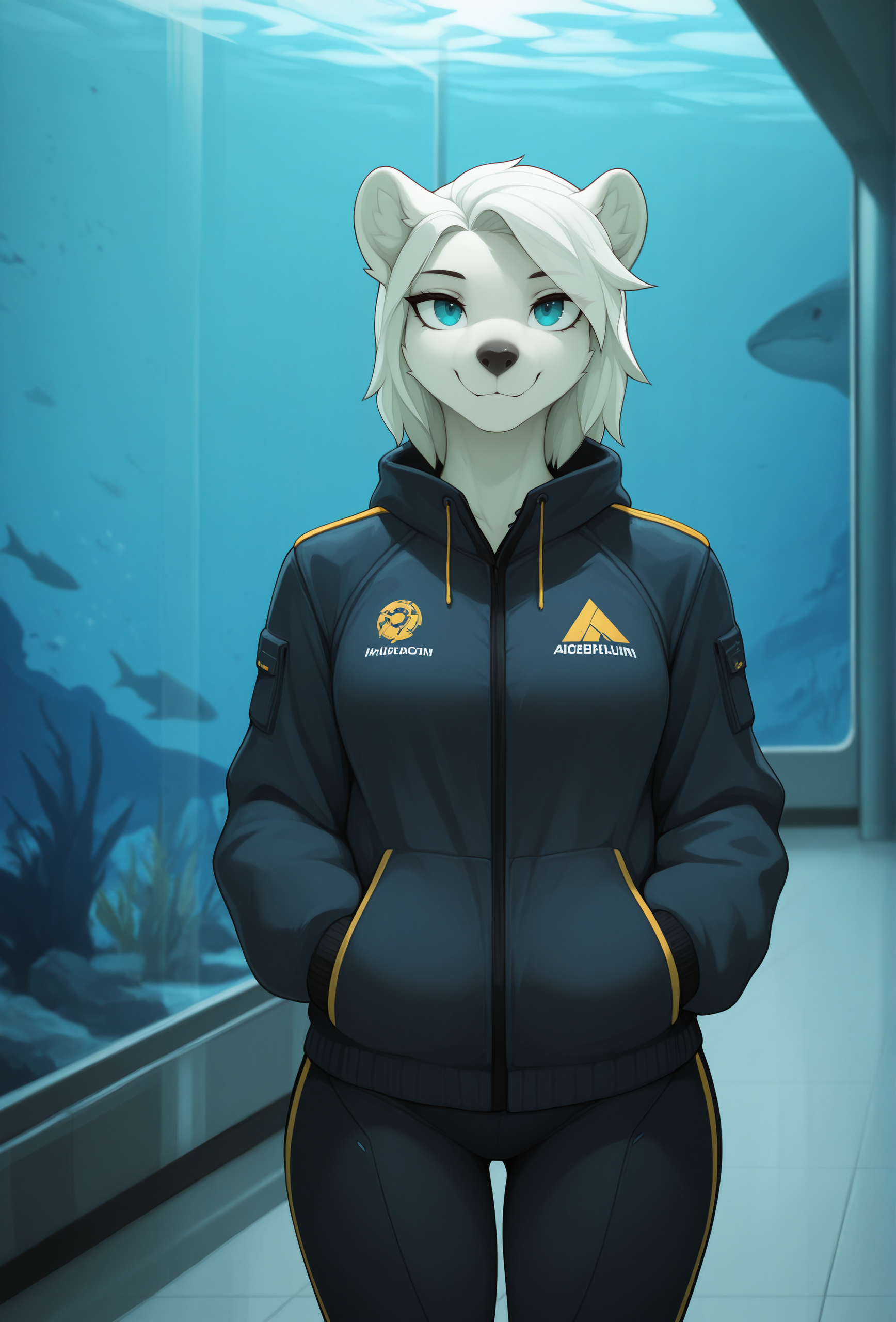 (masterpiece, best quality, very aesthetic, absurdres:1.2), 1girl, furry, science fiction, aquarium, polar bear, straight-on, jacket, looking at viewer, smile, <lora:marblesoda_style_illustrious_v1:1> marblesodastyle