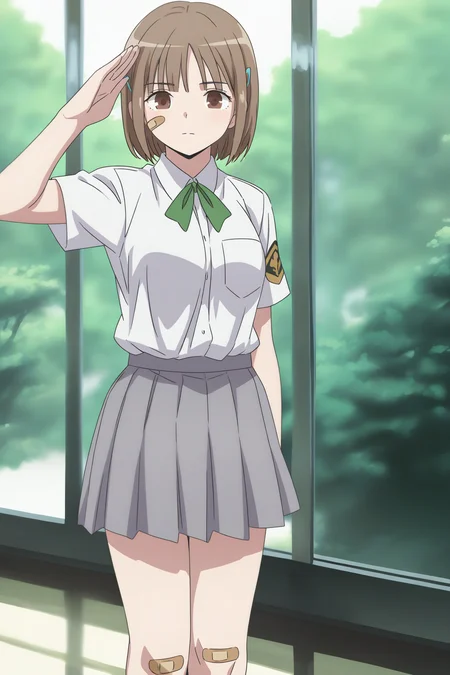masterpiece, best quality,  absurdres, highres, cinematic light, 1girl,  <lora:chise:1> chise_wz, short hair, brown hair, hair ornament, brown eyes, medium breasts, neck ribbon, green ribbon, collared shirt, white shirt, grey skirt, pleated skirt, school uniform, salute, serious, bandaid on knee, bandaid on face, nature, military,  day, looking at viewer, cowboy shot,