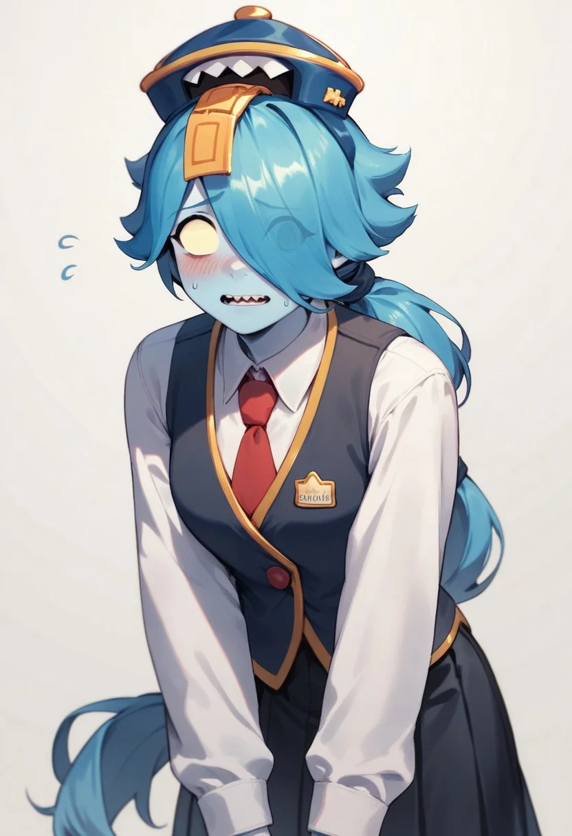 Score_9, Score_8_up, Score_7_up , ccolette , 1girl,blue skin, blue hair, long hair, low ponytail, no pupils, hat, white shirt, Black vest , tie, black skirt , blush , nervous , looking_at_viewer , pointed_teeth ,Hair over eye