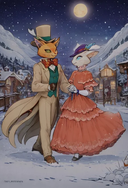 score_9, score_8_up, score_8, cute, in the style of beatrix potter, cel-shading, fca style, baroness louise, white fur, cat, female cat, anthro, baron humbert, ginger fur, cat, male, anthro, suit, tuxedo, blue bow-tie, blow-tie, white gloves, 1girl, furry, hat, 1boy, bowtie, dress, whiskers, hetero, bow, furry female, furry male, formal, gloves, traditional bowtie, top hat, smile, suit, animal ears, elbow gloves, red dress, smiling, blue eyes, walking, walking together, small town background, at night, moon, starry sky, snowy, snowing, nice landscape, woth design