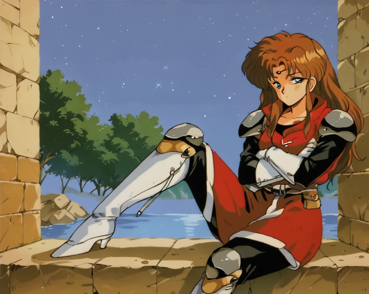 Score_9, score_8_up, score_7_up, score_6_up, facing viewer, source_cartoon, source_anime, rating_safe, 
1girl, alys brangwin, long hair, brown hair, blue eyes, circlet, illustration, armor, red jacket, collarbone,  narrowed eyes, sitting, windowsill, one leg up, bent knee, crossed arms, white gloves,
<lora:VGC_PS4_Alys_Brangwin-000007:1> 1990s (style), retro artstyle <lora:90s_pony:0.4>