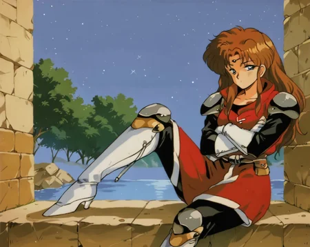 Score_9, score_8_up, score_7_up, score_6_up, facing viewer, source_cartoon, source_anime, rating_safe, 
1girl, alys brangwin, long hair, brown hair, blue eyes, circlet, illustration, armor, red jacket, collarbone,  narrowed eyes, sitting, windowsill, one leg up, bent knee, crossed arms, white gloves,
<lora:VGC_PS4_Alys_Brangwin-000007:1> 1990s (style), retro artstyle <lora:90s_pony:0.4>