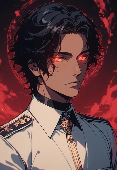 score_9, score_8_up, score_8_up, solo, 1 man, good looking, standing tall, uniform, tux, dark gaze, well built, dark hair, eyes on viewer, softly glowing eyes, dark romance, <lora:g0th1cPXL:0.5>, <lora:Black_souls_style:0.8>, <lora:Expressive_H:0.3>