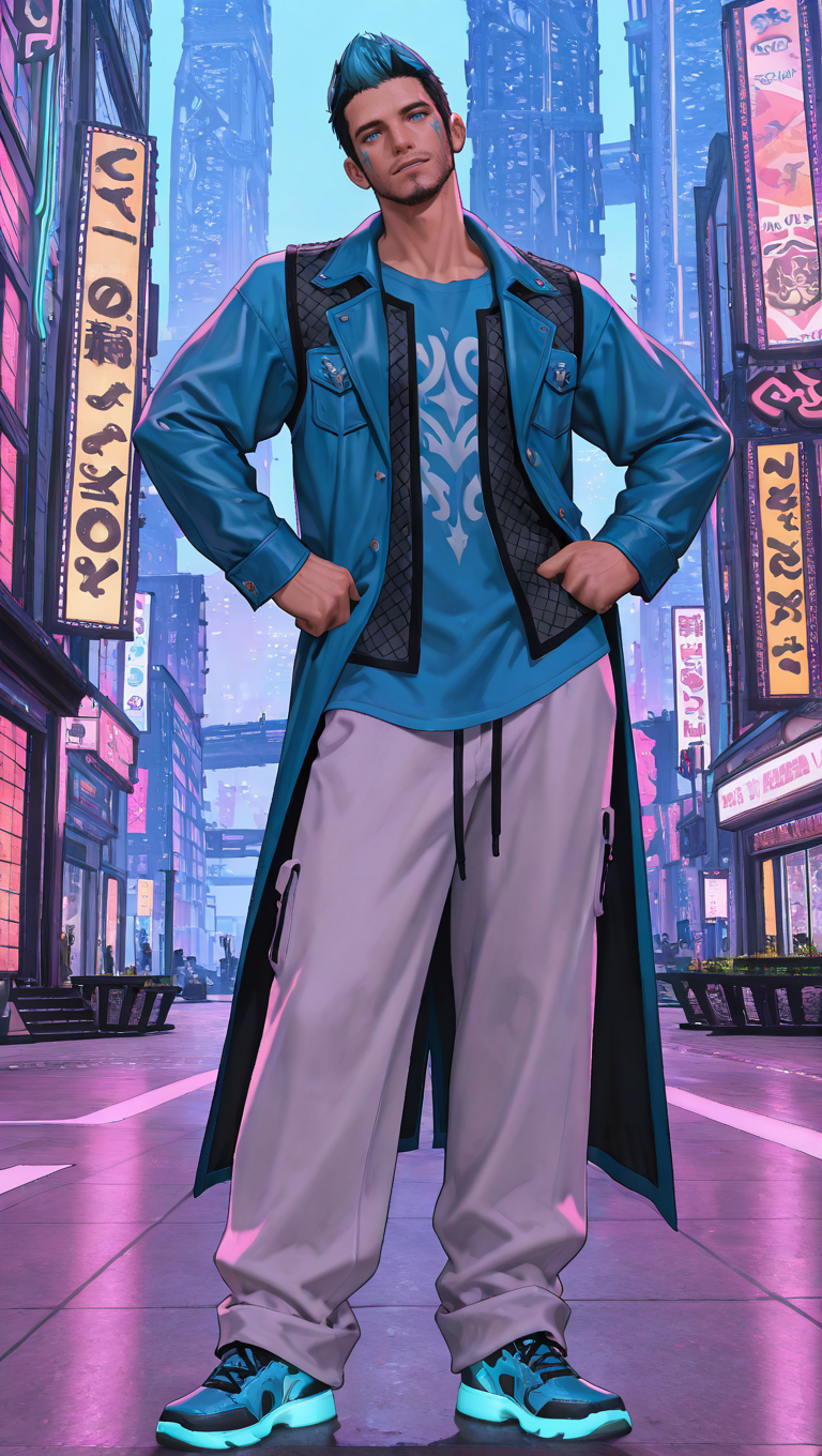 masterpiece,best quality,absurdres,newest,perfect quality,best quality,absolutely eye-catching,detailed background,male focus,solo,<lora:Solution_Nine_Backgrounds:0.7>,S0LUT10N-9 Style,neon lights,city,skyscrapers,buildings,night,1boy,very short hair,black hair,multicolored hair,facial tattoo,blue eyes,short hair,facial hair,stubble,fishnet vest,blue t-shirt,white baggy pants,neon shoes,contrapposto,hands on own hips,looking at viewer,head tilt,neon blue longcoat,untucked shirt,