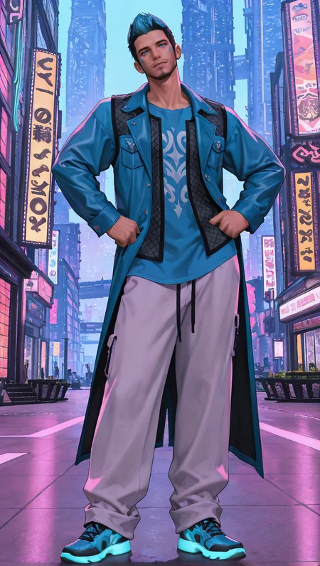 masterpiece,best quality,absurdres,newest,perfect quality,best quality,absolutely eye-catching,detailed background,male focus,solo,<lora:Solution_Nine_Backgrounds:0.7>,S0LUT10N-9 Style,neon lights,city,skyscrapers,buildings,night,1boy,very short hair,black hair,multicolored hair,facial tattoo,blue eyes,short hair,facial hair,stubble,fishnet vest,blue t-shirt,white baggy pants,neon shoes,contrapposto,hands on own hips,looking at viewer,head tilt,neon blue longcoat,untucked shirt,