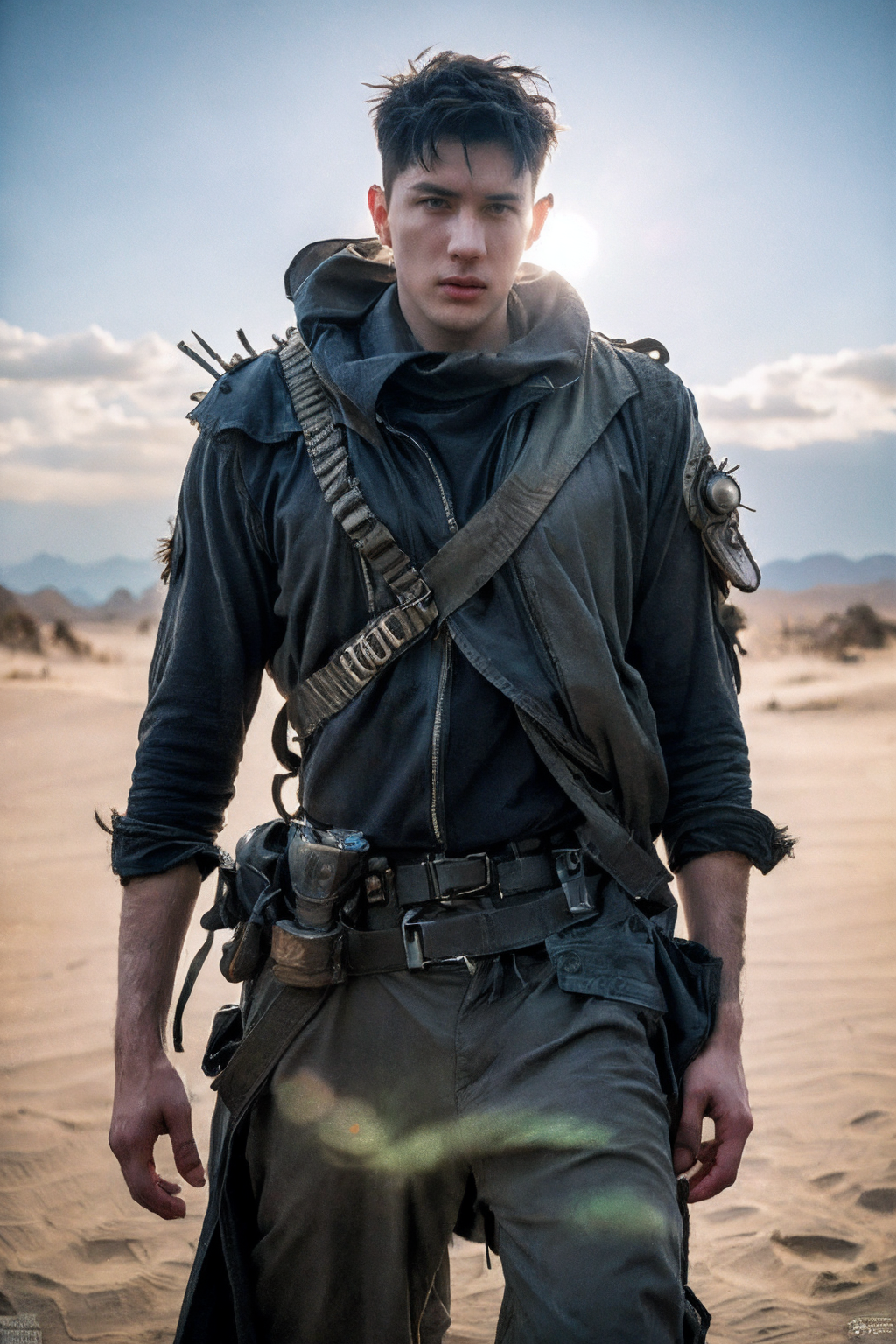 RAW photo, (masterpiece:1.3), subsurface scattering, heavy shadow, (high quality:1.4), (intricate, high detail:1.2), professional photography, HDR, High Dynamic Range, realistic, ultra realistic, photorealistic, high resolution, film photography, ambient lighting, atmospheric effects, OverallDetail, 1boy, male focus, a male raider in the desert Wasteland, torn army coat, ammunition belt with bullets, wasar, style of Mad Max, style of Fallout, epiCPhoto
<lora:WastelandArmor-10:0.75>, <lora:Wasteland-10:0.6>  <lora:AsianMan024:0.8>  <lora:add_detail:1>