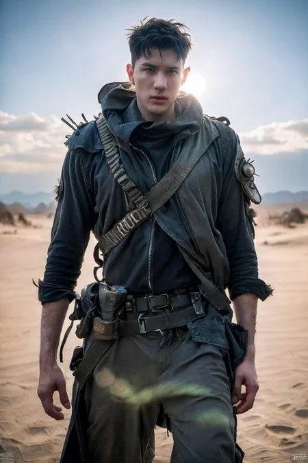 RAW photo, (masterpiece:1.3), subsurface scattering, heavy shadow, (high quality:1.4), (intricate, high detail:1.2), professional photography, HDR, High Dynamic Range, realistic, ultra realistic, photorealistic, high resolution, film photography, ambient lighting, atmospheric effects, OverallDetail, 1boy, male focus, a male raider in the desert Wasteland, torn army coat, ammunition belt with bullets, wasar, style of Mad Max, style of Fallout, epiCPhoto
<lora:WastelandArmor-10:0.75>, <lora:Wasteland-10:0.6>  <lora:AsianMan024:0.8>  <lora:add_detail:1>