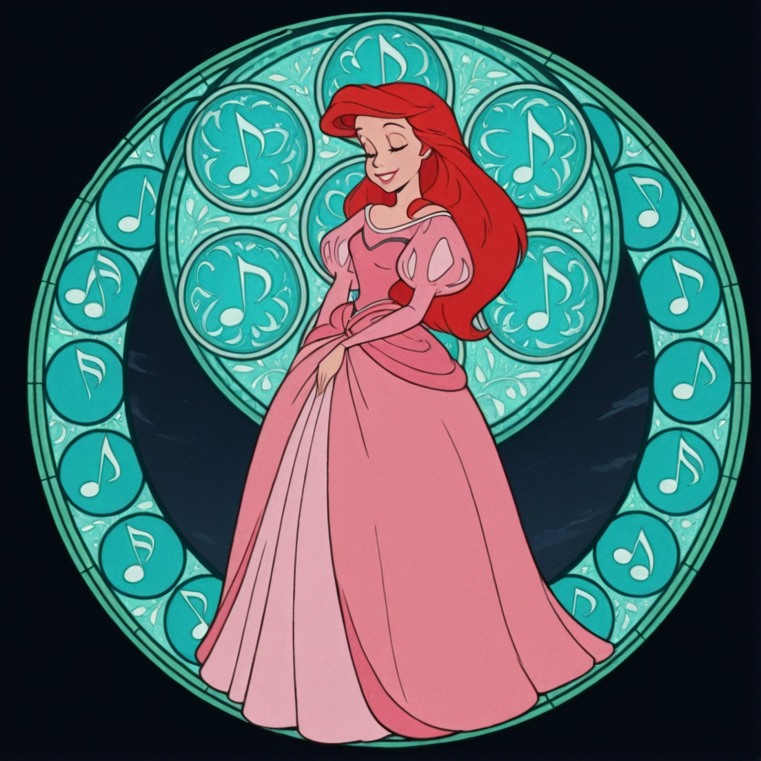 masterpiece, best quality, amazing quality, very aesthetic, absurdres, newest, 4k, 8k, 
divetotheheartxd, circle, black background, stained glass, round image, 1girl, dress, musical note, long hair, closed eyes, red hair, solo, pink dress, retro artstyle, music, smile, 
 <lora:STATION_OF_AWAKENING_V2:1> <lora:Ariel_-_Disney_Illustrious:1>