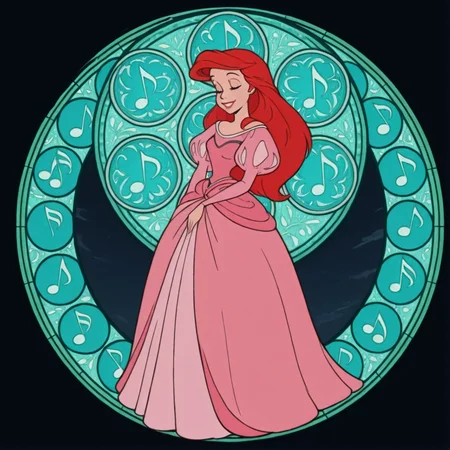 masterpiece, best quality, amazing quality, very aesthetic, absurdres, newest, 4k, 8k,
divetotheheartxd, circle, black background, stained glass, round image, 1girl, dress, musical note, long hair, closed eyes, red hair, solo, pink dress, retro artstyle, music, smile,
<lora:STATION_OF_AWAKENING_V2:1> <lora:Ariel_-_Disney_Illustrious:1>