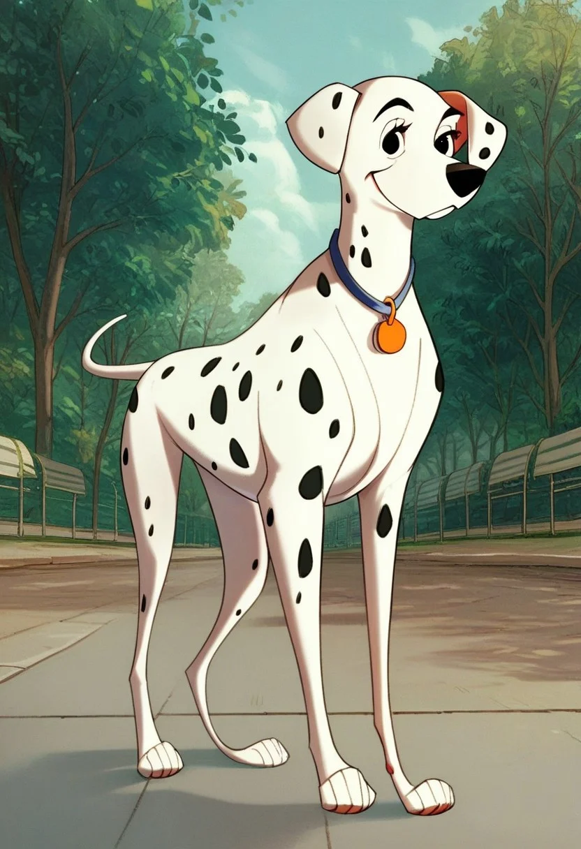 score_9, score_8_up, score_7_up, score_6_up, score_5_up, score_4_up, solo, perdita101, dog, dalmatian, standing, looking at viewer, park, outside