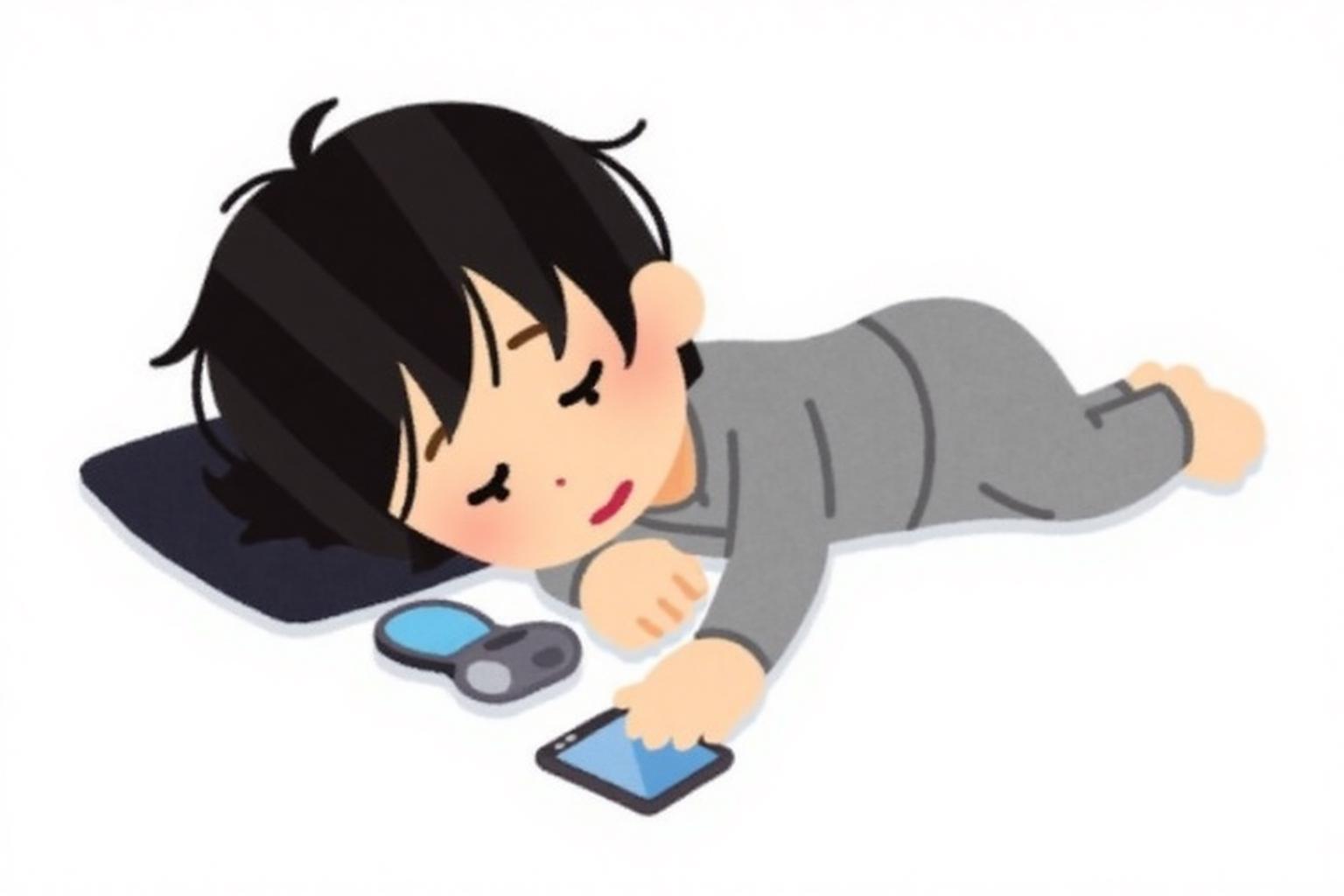 irasutoya1 illustration.
A boy lying on his side, sleeping. He has short, dark hair and is wearing a gray outfit. His head is resting on a pillow, and in front of him is a smartphone. <lora:irasutoya1_cap_d8a4e8:1.0><lora:846976387934851610:0>