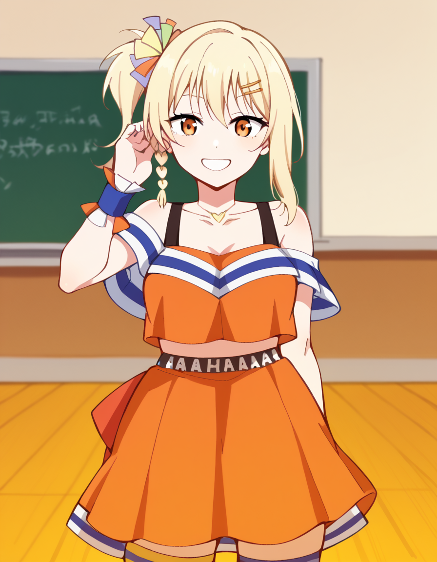 score_9, score_8_up, score_7_up, source_anime, <lora:ai-miyashita-saikou-heart-mv-ponyxl-lora-nochekaiser_r1:1>, ai miyashita, bangs, blonde hair, hair ornament, orange eyes, braid, sidelocks, medium hair, side ponytail, orange eyes, french braid,, skirt, thighhighs, jewelry, collarbone, necklace, off shoulder, tank top, wristband, cheerleader, pom pom (cheerleading), orange skirt, gyaru, heart necklace, classroom, desks, chalkboard, students, teacher, smile, <lora:tucking-hair-ponyxl-lora-nochekaiser:1>, tucking hair, adjusting hair, hand on own hair, hair behind ear,, looking at viewer, solo,, dutch angle, cowboy shot
