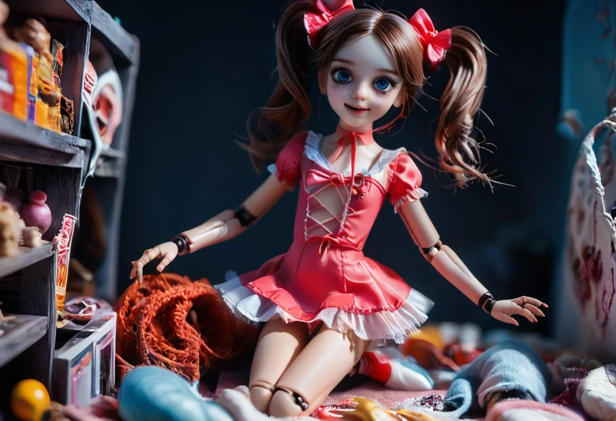 masterpiece, ultra detailed, detailed background, detailed face, 4k, HD, 8k, highres, antialiasing, detailed, texture, an ol doll, doll joints, evil smile, cracked skin, cr@ckedp0rcelainT2, sweetegl, sweetop, swe3tjsk, bl0use,
full body portrait of a tattered dusty old creepy voodoo doll, with a old dirty frill mini dress, all fours,
twin tails, petite, skinny, round face, freckles, brown hair, medium breasts, perfect round breasts, big erect nipples, extremely narrow waist,
wearing a long dusty stained patchwork dress, haunted scene, spider, webs and potions on shelf, horrific details, very detailed,
arcane circle, eye level angle, intricate details, highly detailed, insanely detailed, 8K, hd, cinematic lighting, centered compositon, photorealistic, high resolution, hyper-realistic, ultra-detailed, cinematic lighting, rim lighting, volumetric lighting, sharp focus, shallow depth of field.