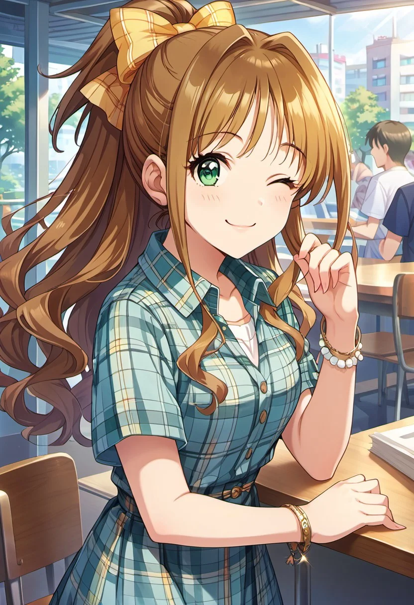 score_9, score_8_up, score_7_up, source_anime,hino akane, long hair, brown hair, green eyes, one eye closed, hair bow, bow, jewelry, bracelet, ponytail, shirt, 1girl, smile, solo focus, plaid