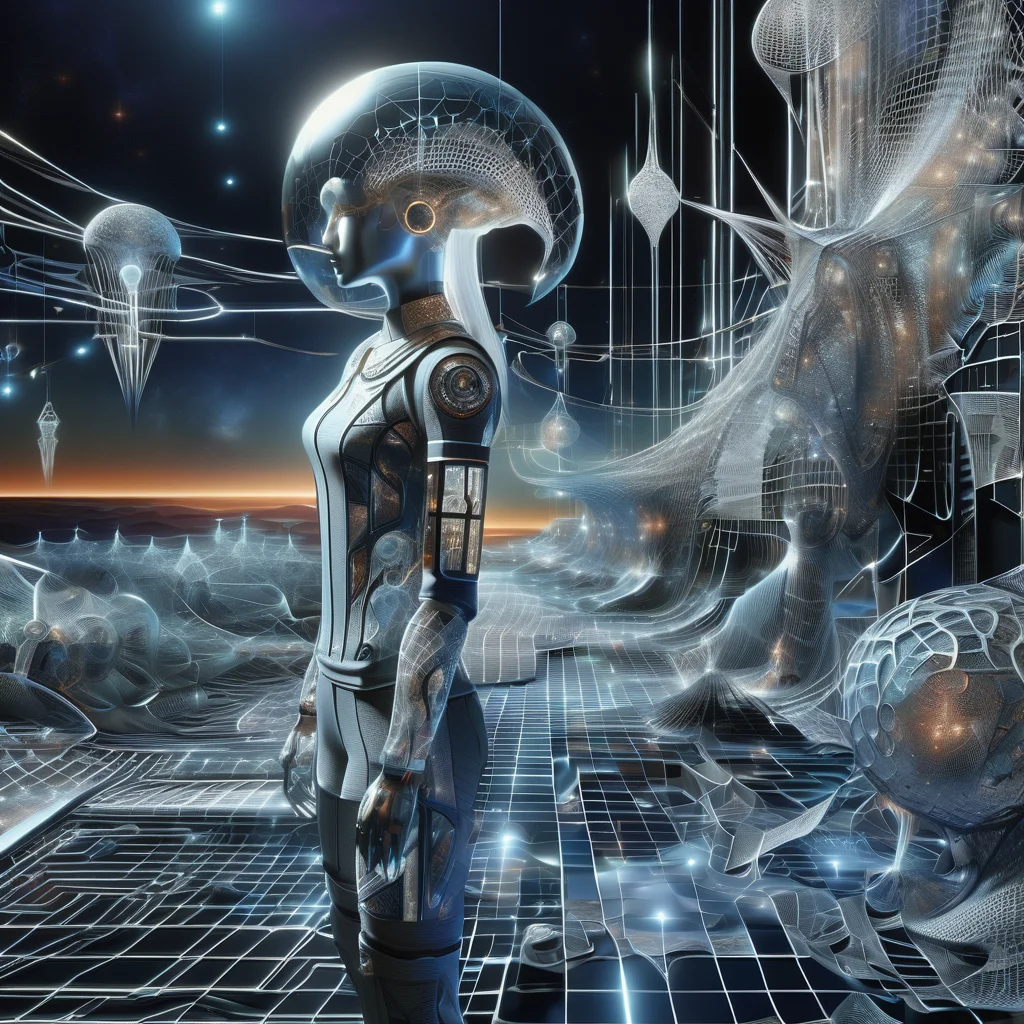 ((best quality)), ((masterpiece)), ((realistic,digital art)), (hyper detailed),DonMC0sm1cW3bXL,web,upper body clothing, Twill, , Quantum-controlled Smart Grids, Cap Sleeves, Knee Length, Empire Waist, Two-Piece Set, Zipper Closure,,Back pockets,,Allover Print , lower body clothing, Gravitational Mesh, , Bio-organic Smart Glass, Oversized Fit, Drop Waist, Cutout Details, Tie Closure, , <lora:DonMC0sm1cW3bXL-000009:1>