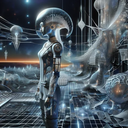 ((best quality)), ((masterpiece)), ((realistic,digital art)), (hyper detailed),DonMC0sm1cW3bXL,web,upper body clothing, Twill, , Quantum-controlled Smart Grids, Cap Sleeves, Knee Length, Empire Waist, Two-Piece Set, Zipper Closure,,Back pockets,,Allover Print , lower body clothing, Gravitational Mesh, , Bio-organic Smart Glass, Oversized Fit, Drop Waist, Cutout Details, Tie Closure, , <lora:DonMC0sm1cW3bXL-000009:1>