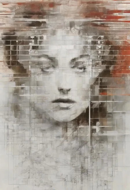 Monochrome black and white, Giger, Beksinski, Zawadzky, Dali, Magritte, Delvaux, Bellmer, Malevitch, Rodchenko, Mondrian, Kandinsky, Popovna, psychedelic hallucination, pop surrealism, rough crosshatch drawing pop art Lunatic_Portrait of a young woman in latex Avant-garde Fashion page, slick back, low bun, black makeup, sinister expression, intense glare, avant-garde, abstract, weird, geometric, constructivism, suprematism, rayonism, verticism, lineism, tj