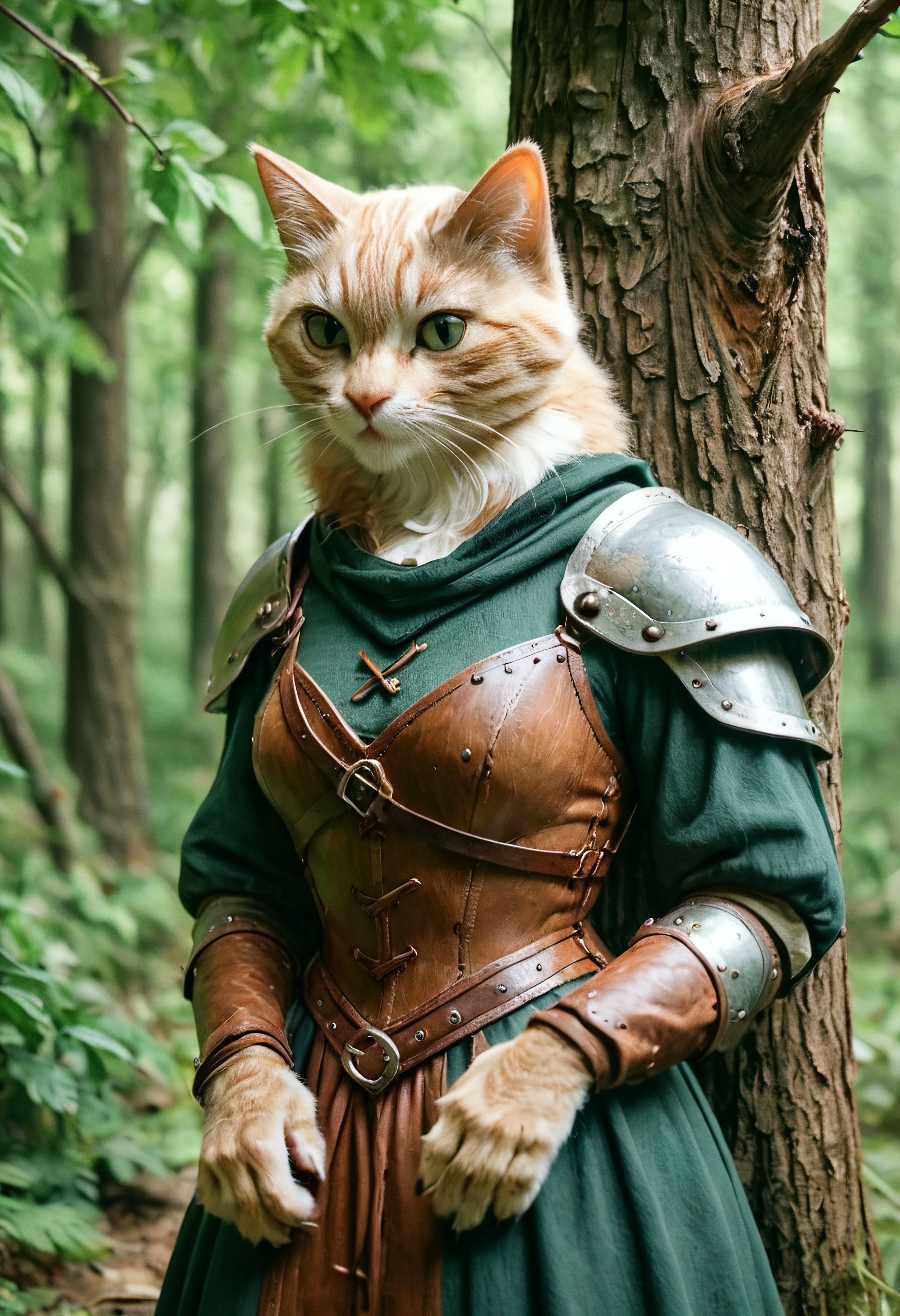 score_9, score_8_up, score_7_up, female, furry, fur, portrait, cat, wearing leather armor, hunter, against tree, sexy pose, forest, medieval fantasy, dynamic angle, highly detailed, high contrast, film grain, superabsurd res, 8k <lora:zy_Fur_Enhancer_v1:0.8>