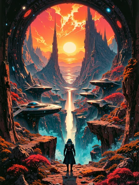 famous science fiction artwork, inspired by roger dean and stephan martiniere, absurdres, ultra-high-resolution, mystical and mesmerizing, cinematic view, hyper-realistic and highly detailed digital masterwork painting of an alien spaceport with landing platforms and dome-shaped hangars, in the middle of an otherworldly jungle with a breathtaking galactic nebula in the night sky, a den of scum and villainy with an alien planet in the sky, details include a landing spaceship and bizarre alien flora surrounding the port, detailed back view of sith wearing a black hooded robe with red status lights and a futuristic jetpack gazing at the spacesport in the distance, tall cliffs, engine trails, cosmic energy, aliens, bordeaux red and light beige and obsidian black and indigo purple and dresden blue and sunset orange, highly atmospheric, masterful use of light and shadow, grand composition, cinematic visual storytelling, ovg, artilands02, arsmoviestill, 80s fantasy movie still, <lora:style-fantastic_landscapes-v2-flux-by_artifyai:0.64> <lora:style-80s_fantasy_movie-v3-flux-by_arsmachina:0.44>
