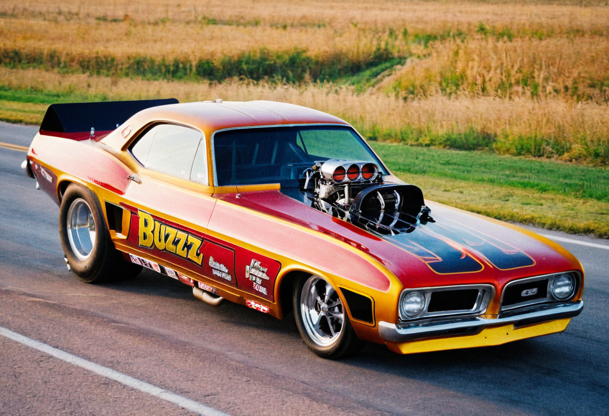 VintageMuscleCar gleaming colorful dragster, road, landscape, 4K, highly detailed, closeup (stylish grainy analog film photo 35mm, "BUZZ")