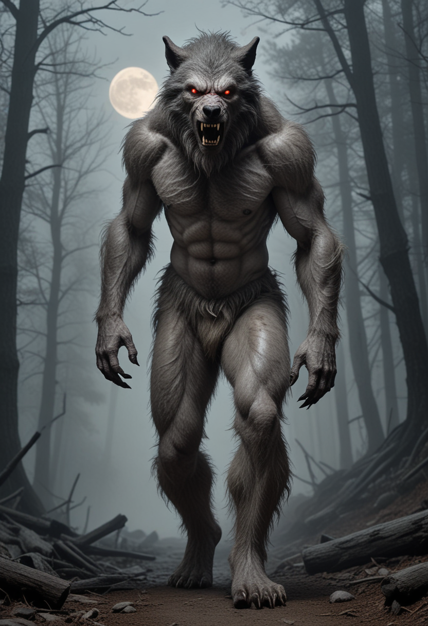 (medium full shot) of (horrifying werewolf), ash grey fur, scarred body, wearing rugged pants,  enchanted talisman,  set in  a fog-covered mountain trail with hidden pitfalls, ghostly apparitions, a sense of foreboding, during a full moon, Masterpiece,best quality, photo, realistic, very aesthetic, detailed face,