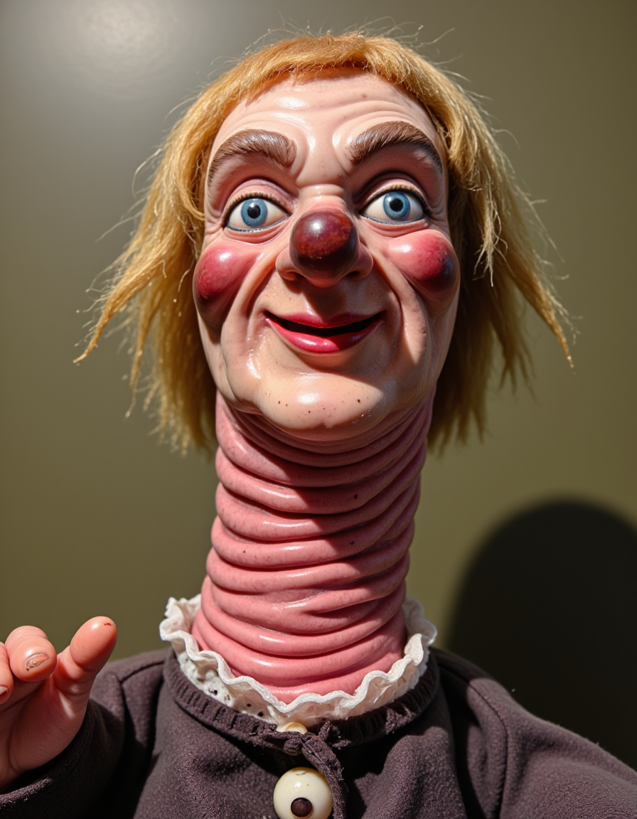 a photo where a creepy doll has a double length neck and has a defined vertically split glans head and a sucker mouth, in a 1800s aesthetic granny flat.