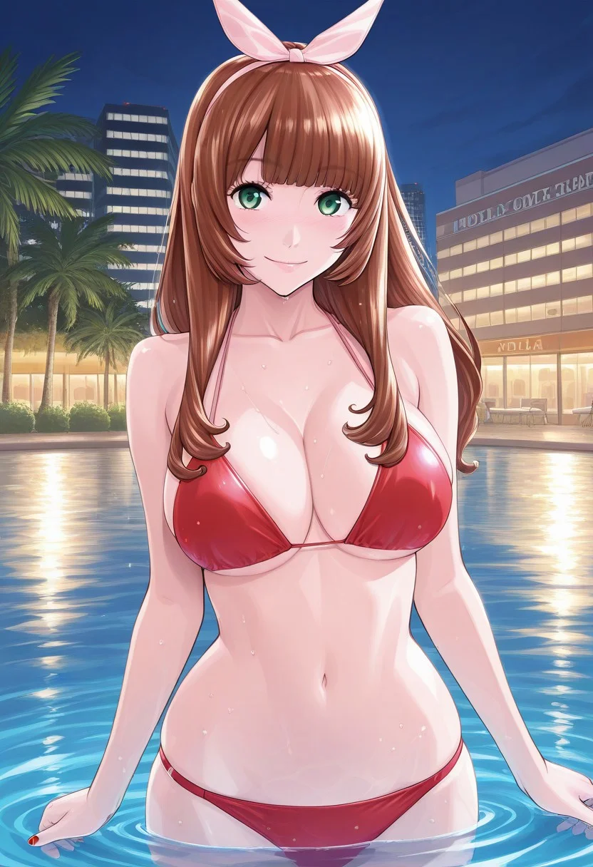 score_9, score_8_up, score_7_up, source_anime,(extremely detailed CG), (best quality),
brown hair, green eyes, hotel,hair bow,long hair,swimsuit, bikini, breasts, navel, outdoors, brown hair, long hair, blush, red nails, red bikini, looking at viewer, smile, wading, large breasts, water, chitosen