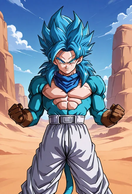 GTTrunks, 1boy, blue hair, blue bandana around neck, brown gloves, shorts, white pants, brown boots, abs, body fur, long hair, monkey tail, muscular, pectorals, (blue fur:1.5), solo, spiked hair, ssj4, super saiyan, tail, solo, fighting stance, standing, clenched hands, dynamic pose, upper body, looking at viewer, smirk, closed_mouth, cowboy shot, desert background, blue sky, clouds, scene reference, verybadimagenegative_v1.3