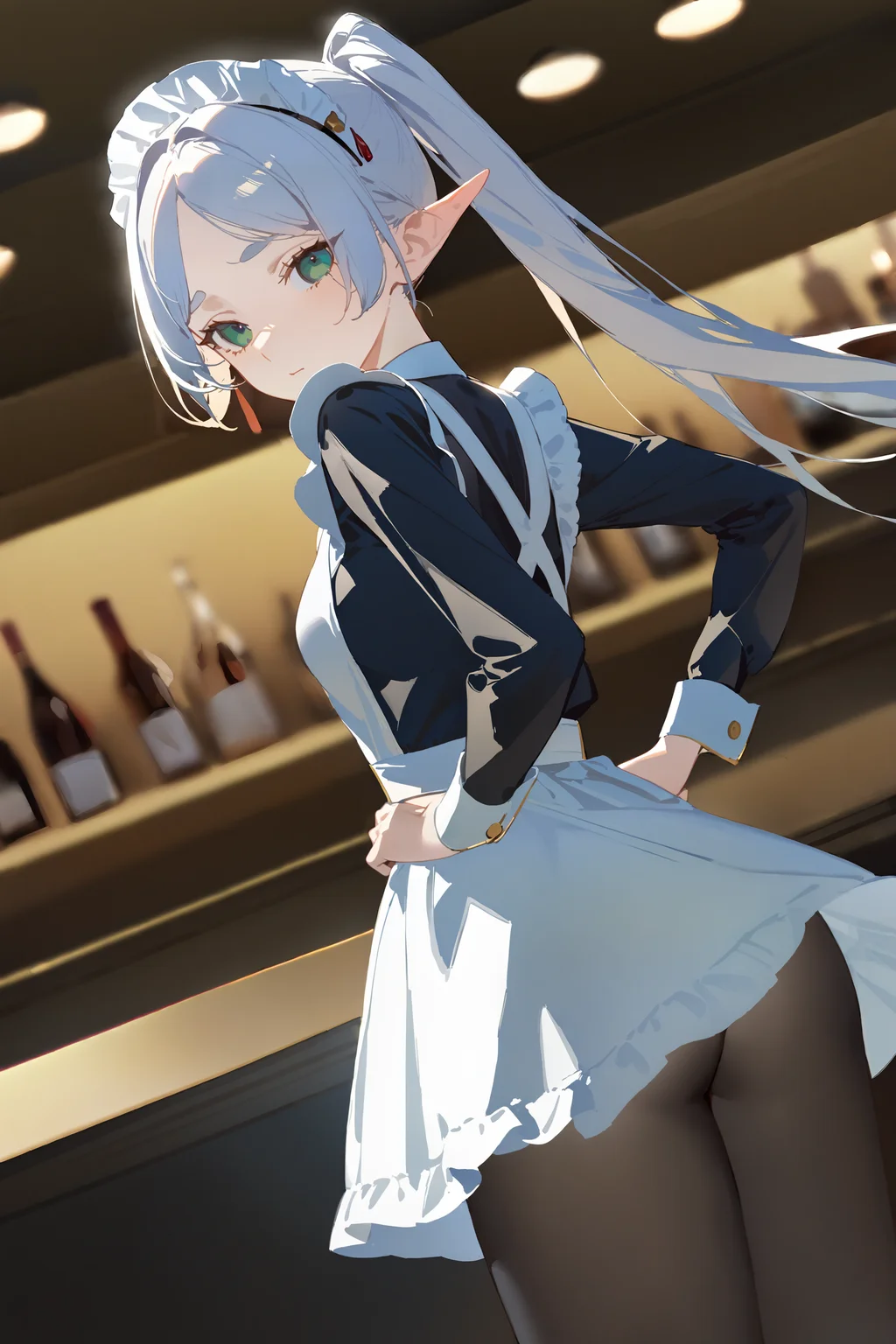 masterpiece, best quality, very aesthetic, ray tracing, newest, (hitenkei, askzy:0.4),1girl, frieren, twintails, solo, maid, maid headdress, maid apron, shy, pantyhose, hands on hips, looking at viewer, cowboy shot, bar \(place\), indoors, depth of field <lora:quality1:0:hr=2>, <lora:Char-Frieren-XL-V1:0.9>