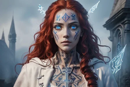 bright red hair, human female, (feminine:1.7), (beautiful face, detailed face:1.6), (beautiful eyes, detailed eyes:1.7), (looking at viewer, eye contact, intense:1.6), (long hair, red hair, curly hair:1.3), , ((masterpiece, best quality, high resolution, realistic, best quality,)), photo realistic, Perfect Face, (detailed face). <lora:GoodHands-vanilla:0.6> <lora:add-detail-xl:0.8>, mage, (Dress White military uniform coat), dagger, rune dagger, glowing runes, , (((glowing magic symbols tattoos, religious tattoos))), ((face tattoos)), glowing tattoos, stone tower in the background