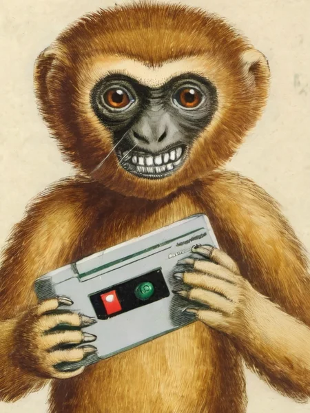 antiquefauna monkey holding a gameboy, high quality, very sharp  <lora:hjantiquefauna_v10xl:0.8>
