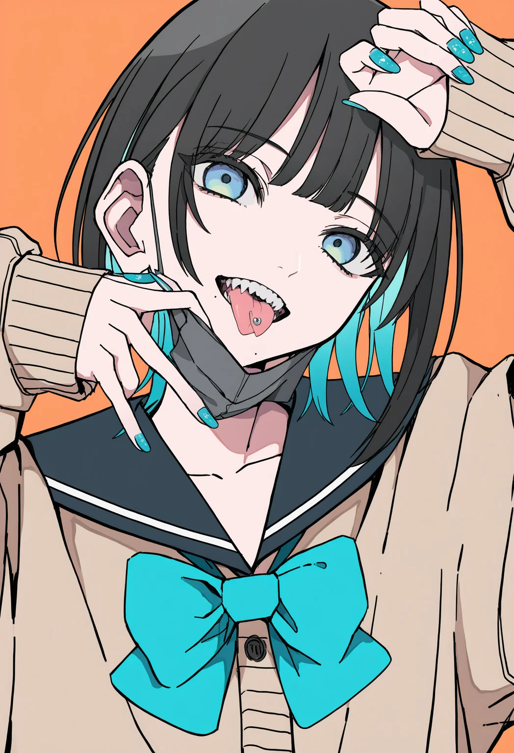 1girl, 
tongue, solo, school uniform, teeth, tongue out, mask pull, cardigan, bow, black hair, mole under mouth, looking at viewer, sharp teeth, mask, nail polish, sailor collar, serafuku, long sleeves, upper body, bangs, blue eyes, short hair, mouth mask, multicolored hair, orange background, tongue piercing, simple background, aqua bow, open mouth, mole, sleeves past wrists, smile, bowtie, fingernails, aqua nails, brown cardigan, blue nails, collarbone, arm up 
masterpiece, colored inner hair,
.
best quality, very aesthetic, absurdres
 <lora:hakuhiruoeoefornoob:0.95>