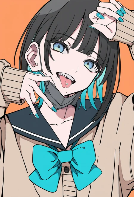 1girl,
tongue, solo, school uniform, teeth, tongue out, mask pull, cardigan, bow, black hair, mole under mouth, looking at viewer, sharp teeth, mask, nail polish, sailor collar, serafuku, long sleeves, upper body, bangs, blue eyes, short hair, mouth mask, multicolored hair, orange background, tongue piercing, simple background, aqua bow, open mouth, mole, sleeves past wrists, smile, bowtie, fingernails, aqua nails, brown cardigan, blue nails, collarbone, arm up
masterpiece, colored inner hair,
.
best quality, very aesthetic, absurdres
<lora:hakuhiruoeoefornoob:0.95>