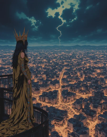 A queen in a flowing gown of gold and silver stands on a balcony overlooking a vast, glittering city. The city is built on a series of interconnected floating islands, each one illuminated by glowing crystals. Below her, the people bustle about, unaware of the dark storm brewing on the horizon.,
<lora:NeonFantasyFLUX:0.8> ne0nfant4sy,