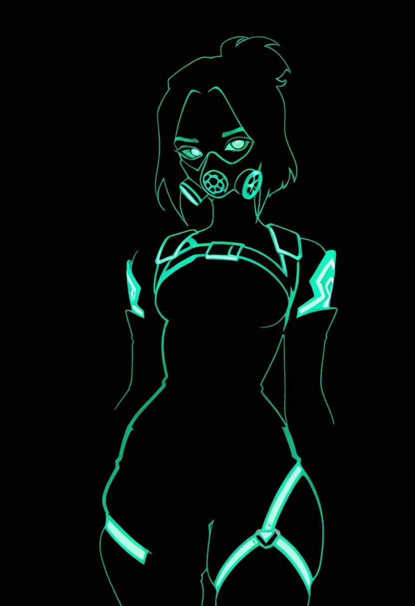 high contrast, looking at viewer, 
1girl, short black hair, black gas mask, valorant uniform, glowing green neon tubes, poison, neon, blend_in, black background, harness, skindentation,
