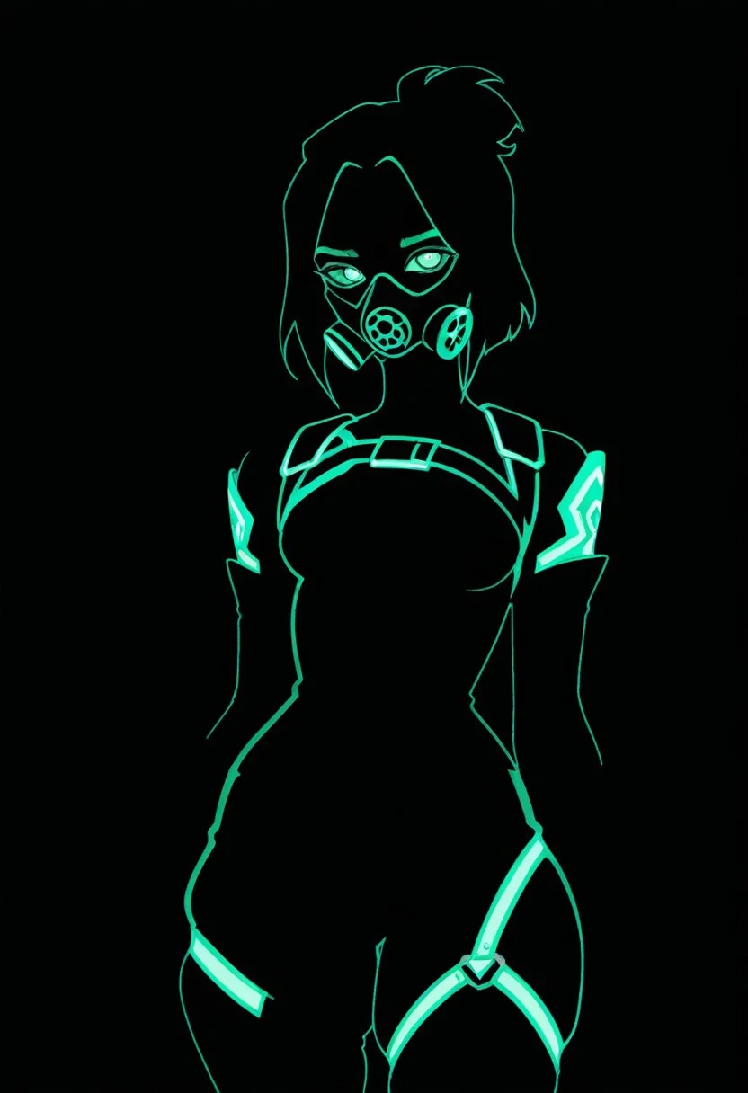 high contrast, looking at viewer,
1girl, short black hair, black gas mask, valorant uniform, glowing green neon tubes, poison, neon, blend_in, black background, harness, skindentation,