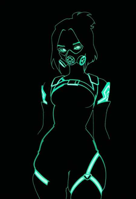 high contrast, looking at viewer, 
1girl, short black hair, black gas mask, valorant uniform, glowing green neon tubes, poison, neon, blend_in, black background, harness, skindentation,