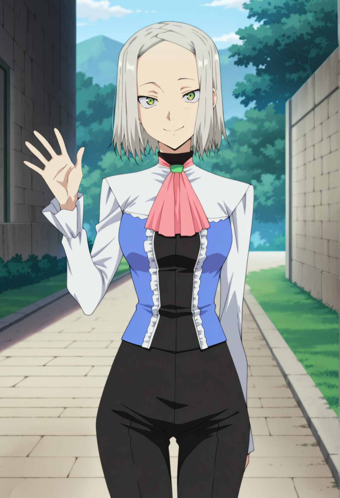 anime screenshot, anime screencap, anime coloring, 1girl, grey hair, short hair, green eyes, forehead, multicolored shirt, pink ascot, long sleeves, outdoors, gardent, looking at viewer, smile, cowboy shot, waving  <lora:yukine_seikishi:1>, masterpiece, best quality, amazing quality, very aesthetic, absurdres, highres, newest