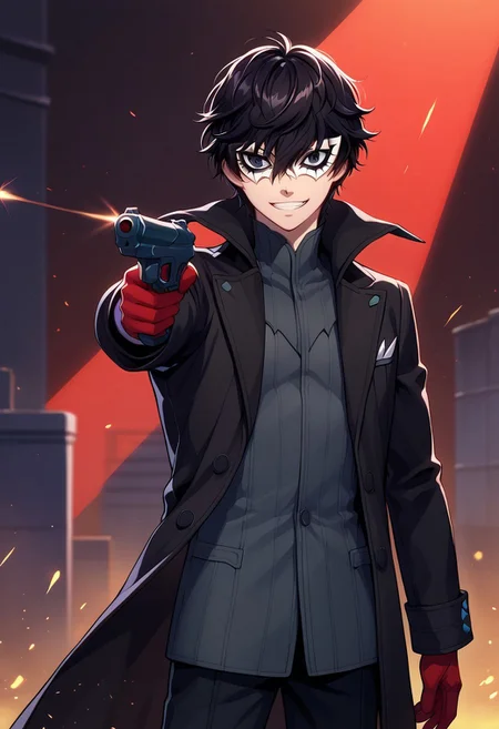 score_9, score_7_up, source_anime
renpers, 1boy, male focus, solo, black eyes, black hair, hair between eyes, short hair, joker outfit, mask, white mask, shirt, grey shirt, coat, black coat, high collar, open coat, open clothes, grin, looking at viewer, upper body, gloves, red gloves, weapon, gun, holding gun, aiming,
indoor, darkness, shadows,